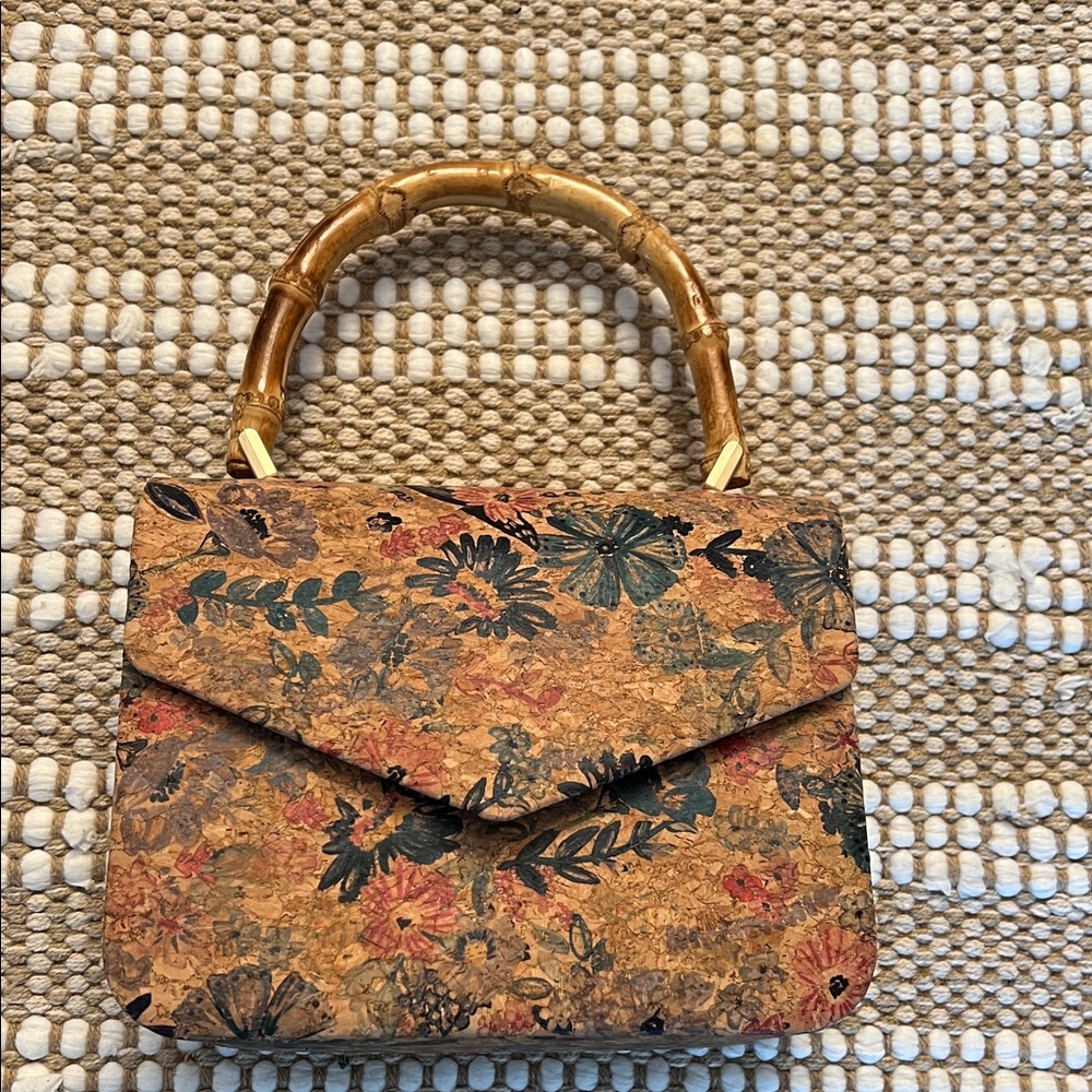 Haute Hippie Floral Cork Mini Bag with Bamboo Handle - Tan, Green, Pink